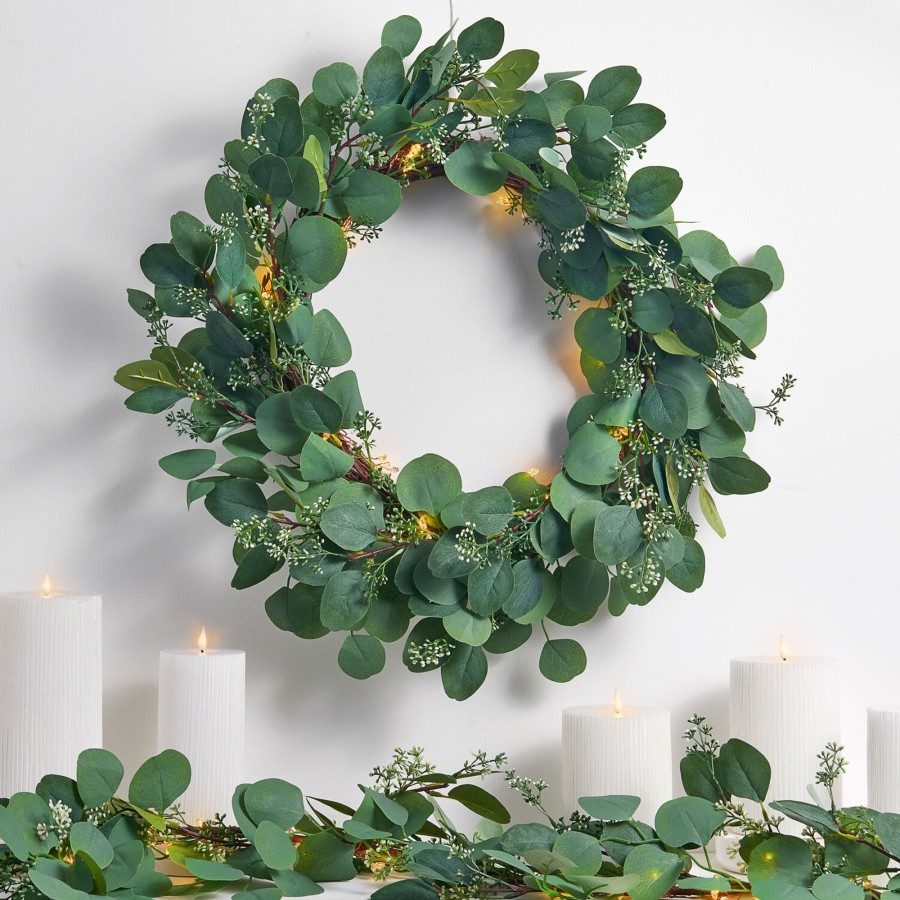 Seasonal LampLust | Eucalyptus Wreath With Cluster Lights & Velvet Ribbon