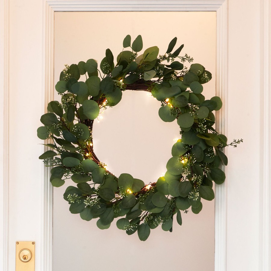 Seasonal LampLust | Eucalyptus Wreath With Cluster Lights & Velvet Ribbon