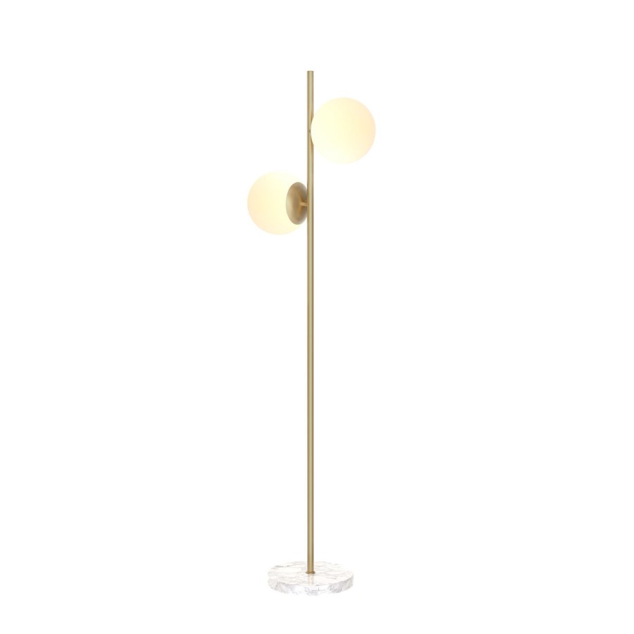 Lamps Brooklyn Bulb Co. | Castell 2 Globe Floor Lamp Led Light, Aged Brass Metal, Frosted Glass, Mid-Century Modern