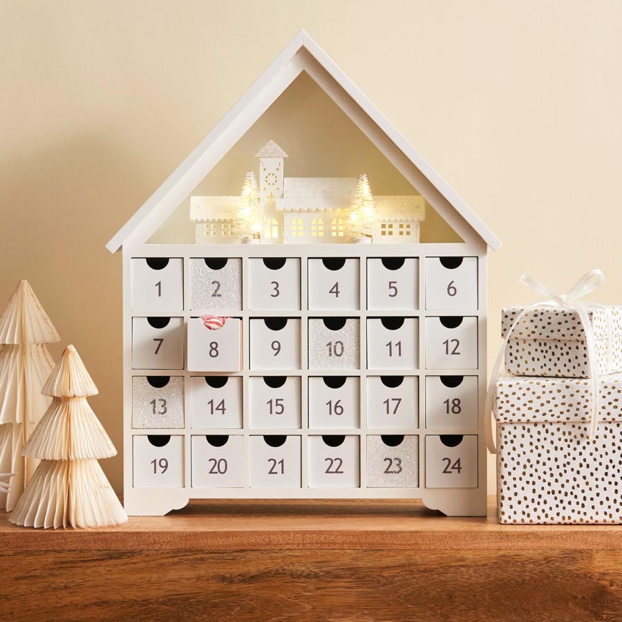 Decor LampLust New Decorative Accessories | White Christmas Pre-Lit Led Advent Calendar With Drawers