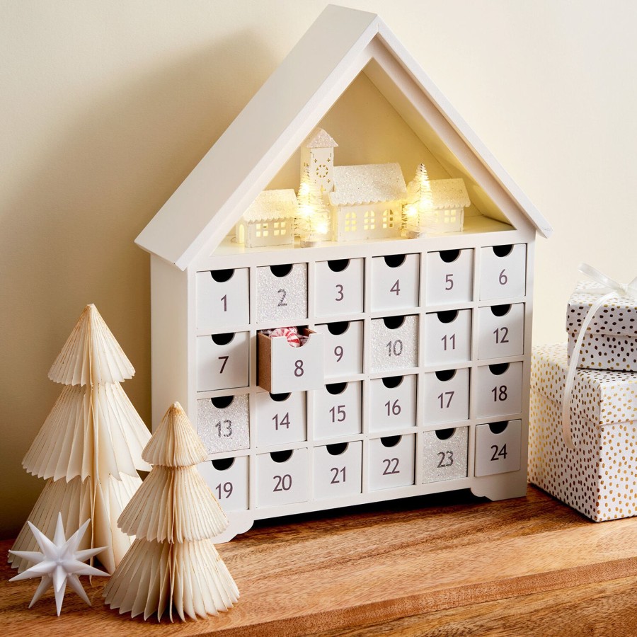 Decor LampLust New Decorative Accessories | White Christmas Pre-Lit Led Advent Calendar With Drawers