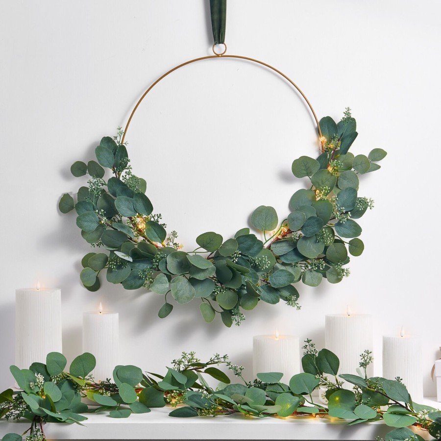 Seasonal LampLust | Eucalyptus Asymmetrical Wreath With Cluster Lights & Velvet Ribbon