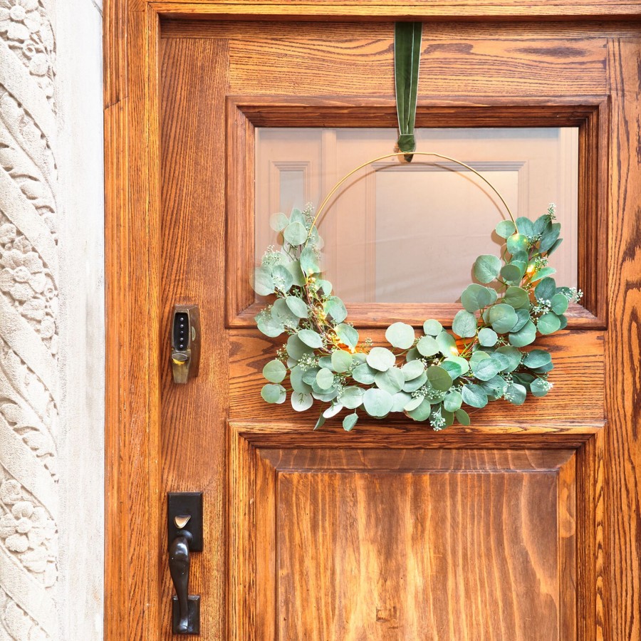 Seasonal LampLust | Eucalyptus Asymmetrical Wreath With Cluster Lights & Velvet Ribbon