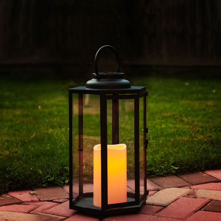 Decor LampLust Solar Lanterns | Rigel Hexagonal Metal Lantern With Solar Led Candle, Medium