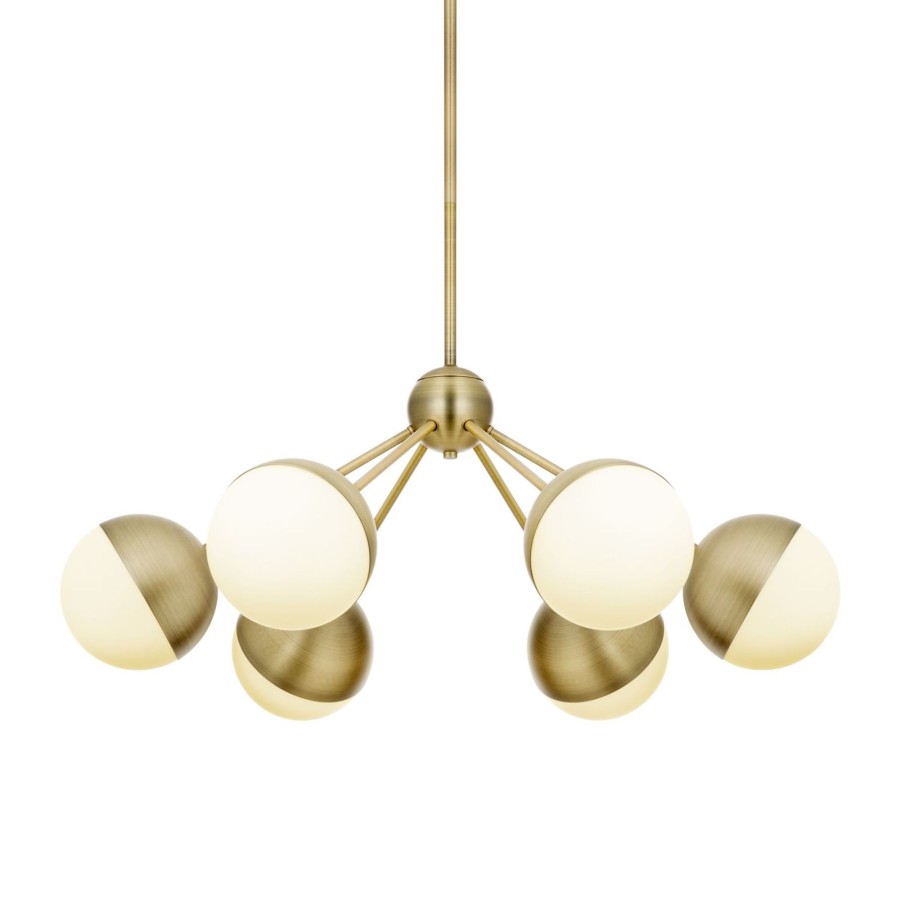 Ceiling Brooklyn Bulb Co. | Powell Led 6-Light, Mid-Century Modern Design, Chandelier, Frosted White Glass Globes In Aged Brass