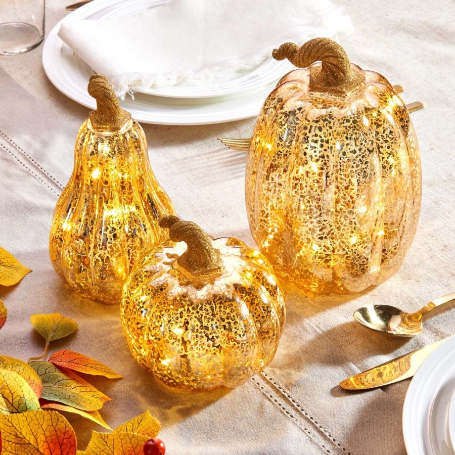 Decor LampLust Decorative Objects | Gold Led Pumpkins With Mercury Glass Finish, Set Of 3