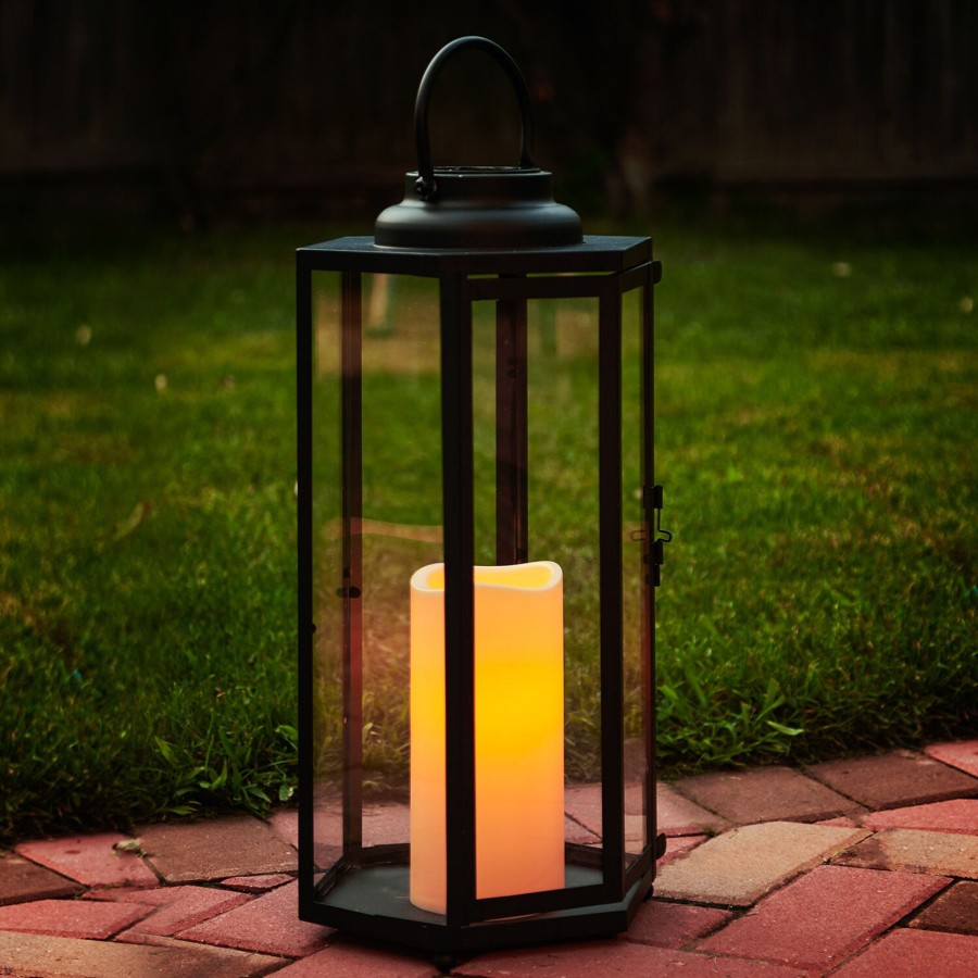 Decor LampLust Solar Lanterns | Rigel Hexagonal Metal Lantern With Solar Led Candle, Large