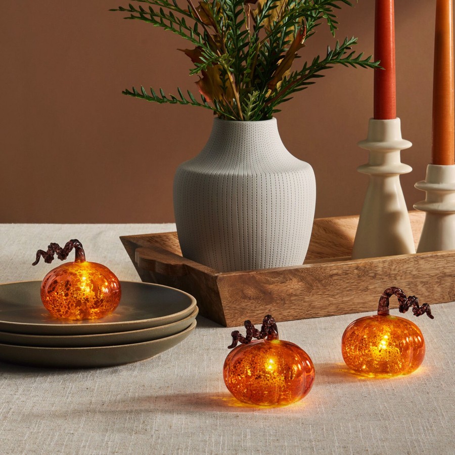 Decor LampLust Decorative Objects | Mini Led Pumpkins, Set Of 3, Thanksgiving, Orange Glass