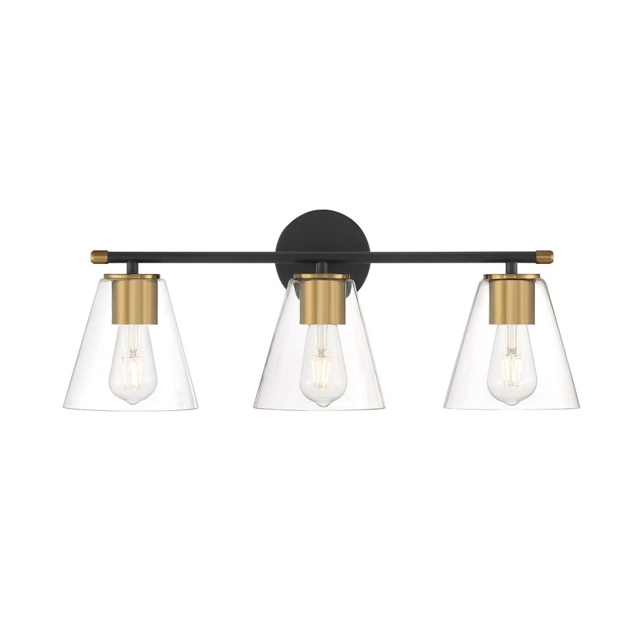 Wall Brooklyn Bulb Co. | Carlisle 3 Light Vanity Wall Light, Matte Black And Brass Finish, Clear Tapered Glass, 24" Long