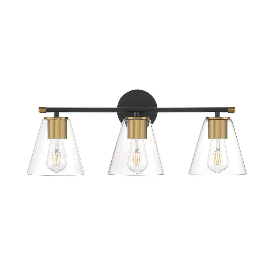 Wall Brooklyn Bulb Co. | Carlisle 3 Light Vanity Wall Light, Matte Black And Brass Finish, Clear Tapered Glass, 24" Long