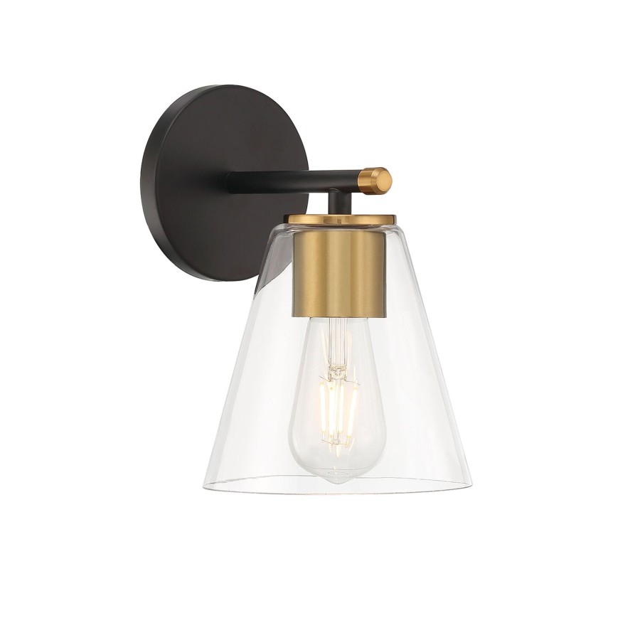 Wall Brooklyn Bulb Co. | Carlisle Wall Sconce Vanity Light, Modern Matte Black And Aged Brass Finish, Clear Tapered Glass