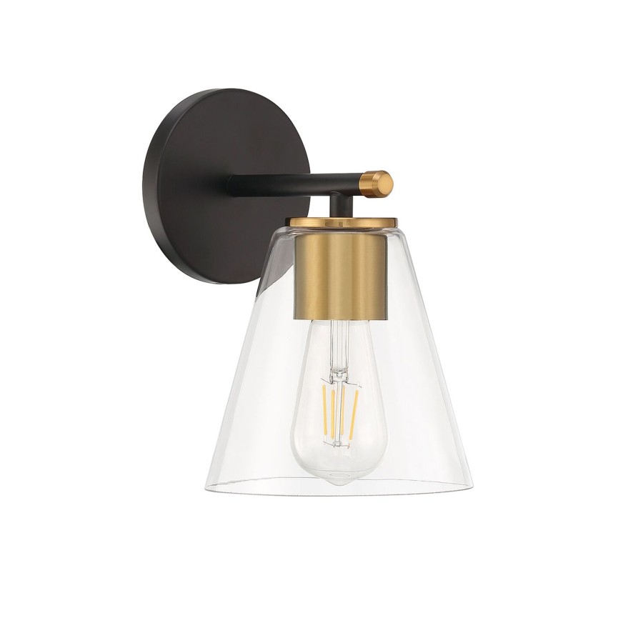 Wall Brooklyn Bulb Co. | Carlisle Wall Sconce Vanity Light, Modern Matte Black And Aged Brass Finish, Clear Tapered Glass