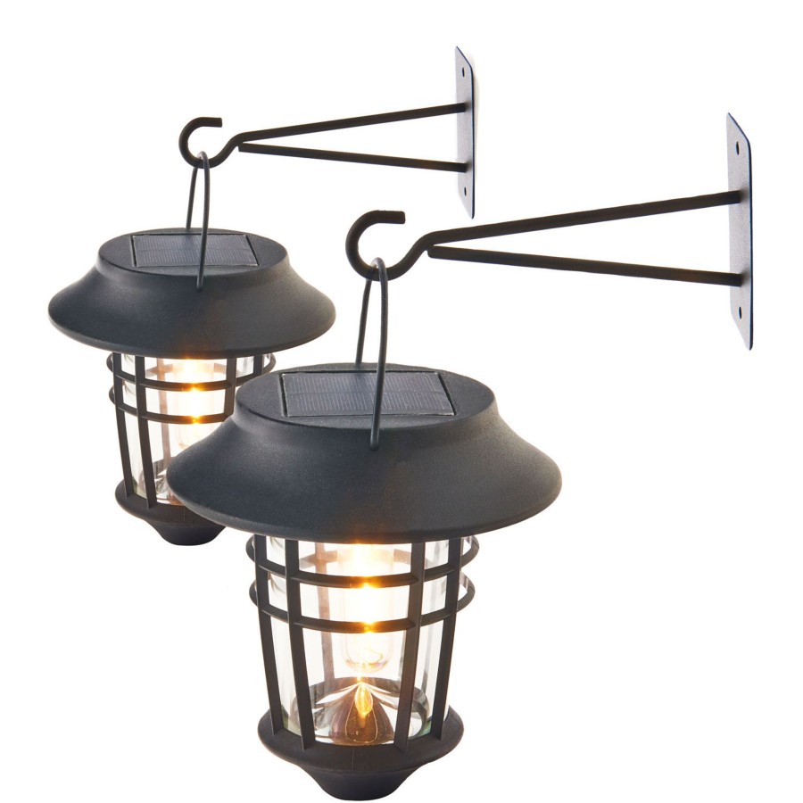 Decor LampLust Solar Lanterns | Elloway Solar Led Lantern Wall Light Sconces, Set Of 2, Black Metal And Glass, Brackets Included