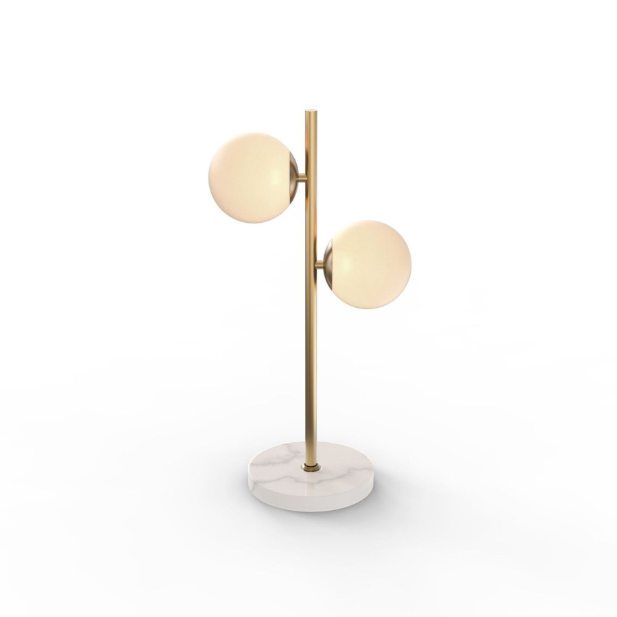 Lamps Brooklyn Bulb Co. | Castell 2 Globe Table Lamp Led Light, Aged Brass Metal, Frosted Glass, Mid-Century Modern Design