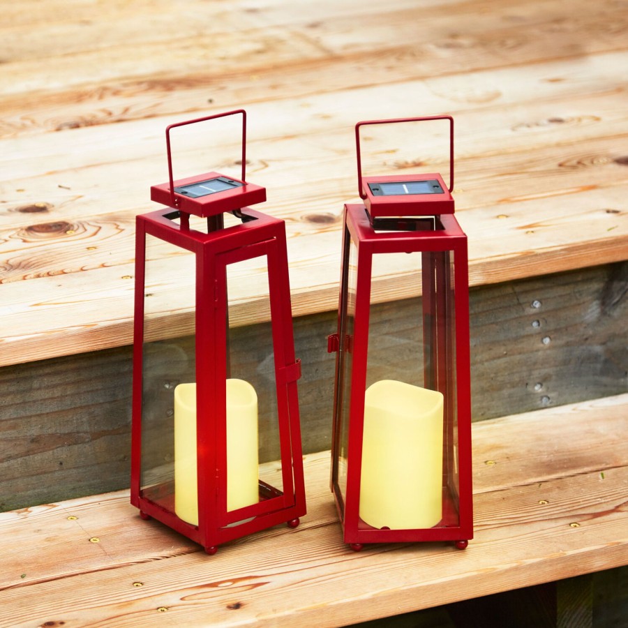 Decor LampLust Solar Lanterns | Madaket Red Medium Solar Metal Lantern, Set Of 2