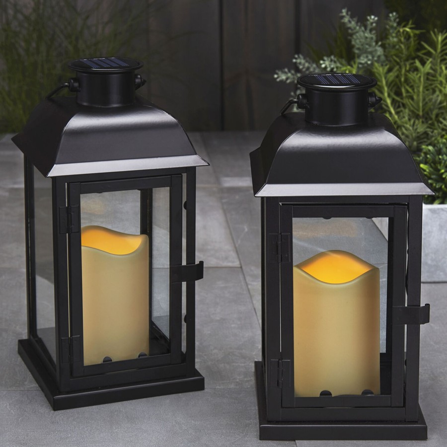 Decor LampLust Solar Lanterns | Chelsea Solar 11.5" Black Metal Flameless Lantern, Set Of 2