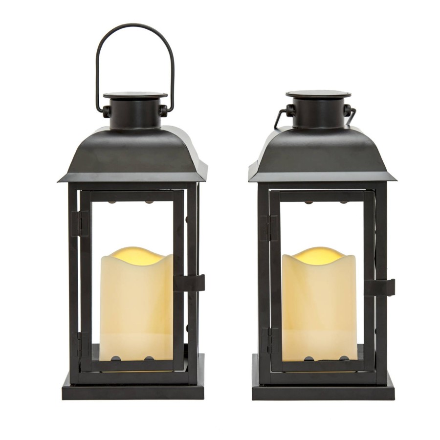 Decor LampLust Solar Lanterns | Chelsea Solar 11.5" Black Metal Flameless Lantern, Set Of 2