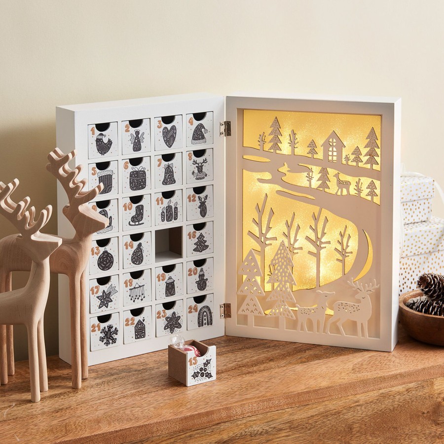 Decor LampLust New Decorative Accessories | Winter Wonderland Pre-Lit Led Fold Out Wooden Advent Calendar With Drawers