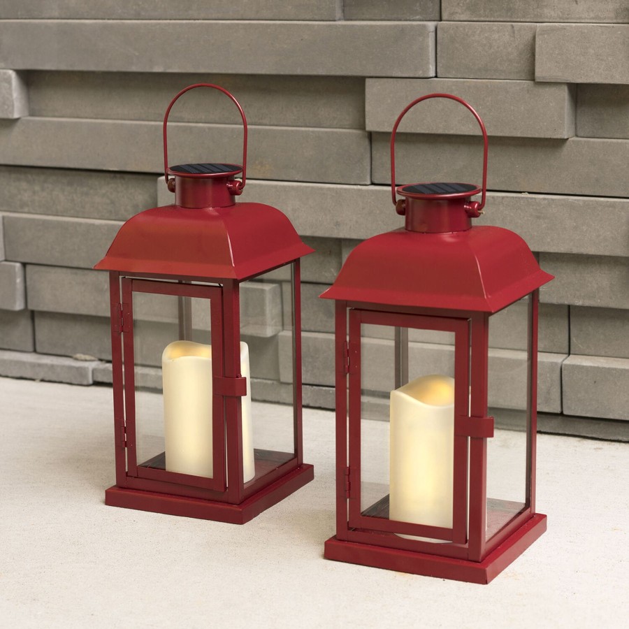 Decor LampLust Outdoor Lanterns | Chelsea Solar 11.5" Red Metal Flameless Lantern, Set Of 2