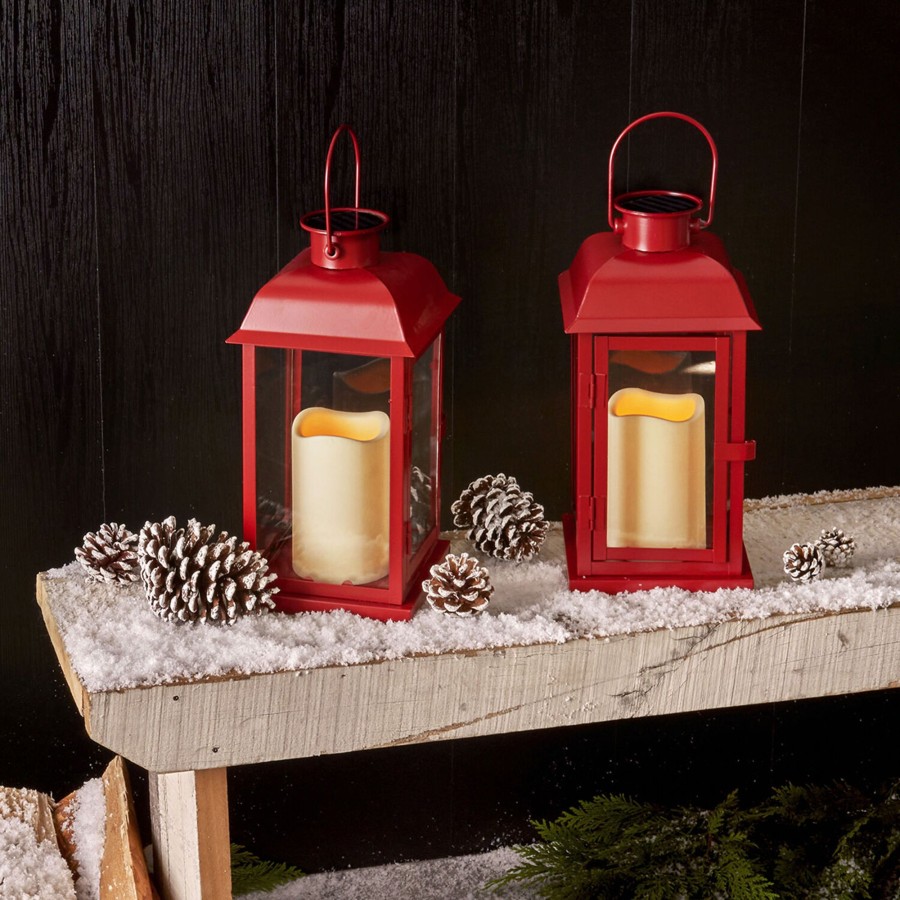 Decor LampLust Outdoor Lanterns | Chelsea Solar 11.5" Red Metal Flameless Lantern, Set Of 2